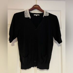 CARVEN Black Short Sleeve Lace Collar V-Neck Knit Top/ Sweater. Size Small.